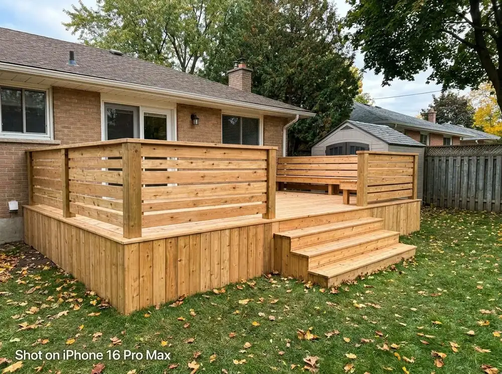 New cedar deck with slat railing