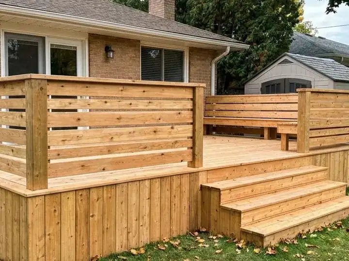 New cedar deck with horizontal slat railing built by JSQ Gardens