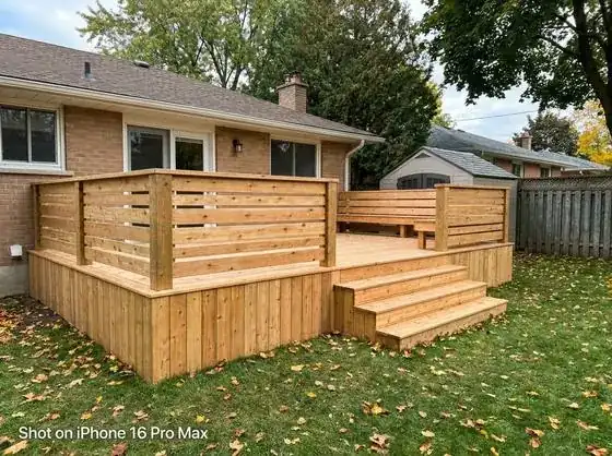 New cedar deck with slat railing